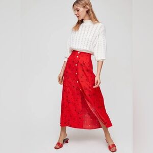 Aritzia Wilfred Amelie Red Floral Madi Skirt in Scarlet Flame - Button Front